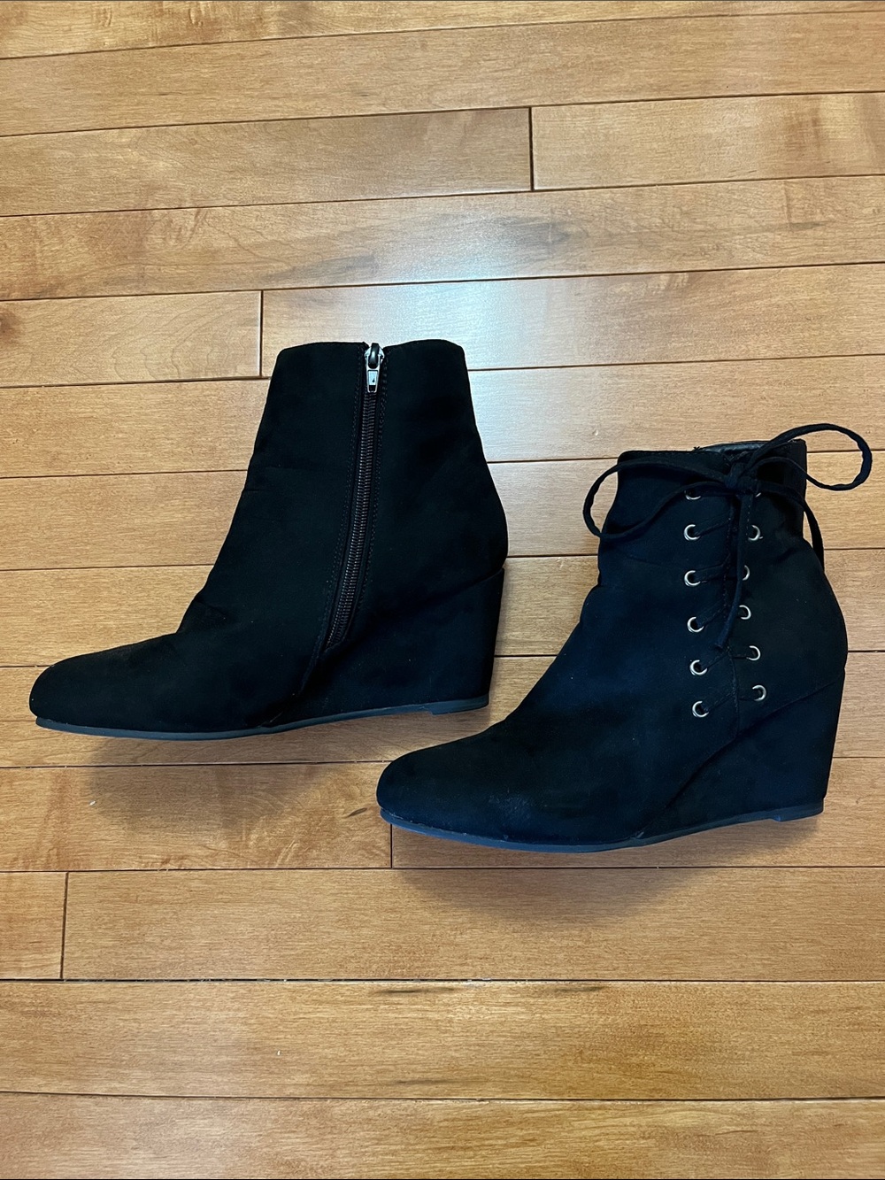 Women's Black Suede Wedge Ankle Boots - Lace & Zip
